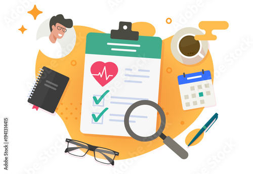 Medical patient health research document on work desk flat vector modern minimal illustration graphic, heart healthcare checklist study review top view, cardiology concept, diagnosis info checkup
