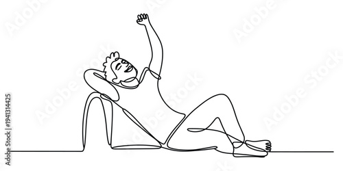 Continuous line drawing of a happy man relaxing and stretching on a lounge chair outdoors
