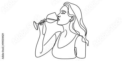 Elegant continuous line drawing of a woman drinking wine from a glass on a white background