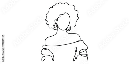 Minimalist continuous line art drawing of a beautiful woman with curly hair and hoop earrings.