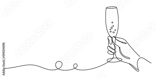 Continuous line drawing of a hand holding a champagne flute with bubbles on a white background.