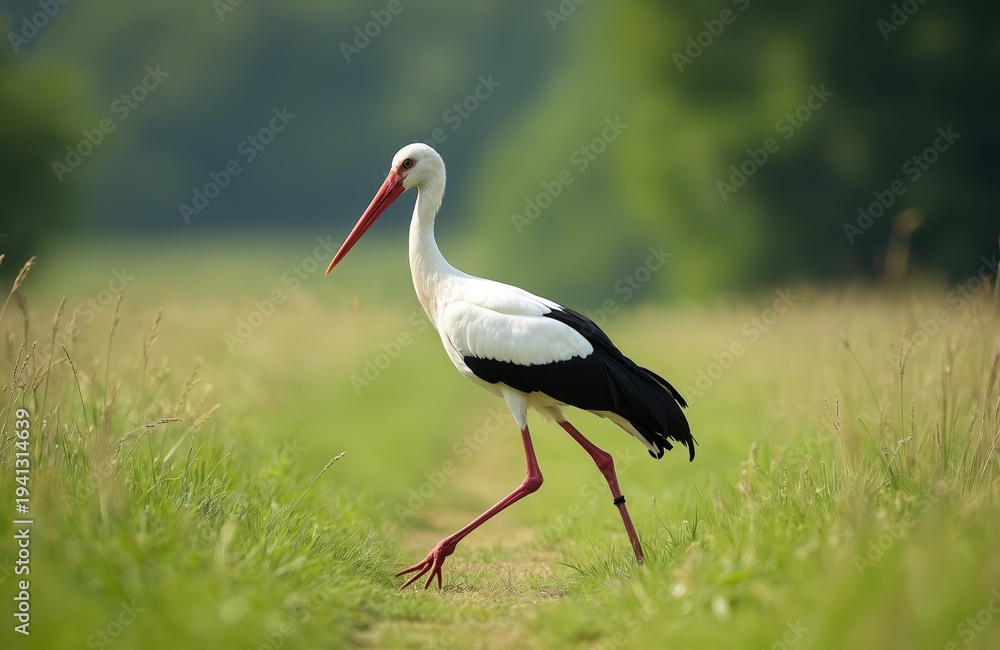 Naklejka premium White stork with black wing feathers walks on green grass field. Bird has red beak and ring on its leg. Nature scene, animal research, wildlife observation.