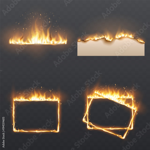 Collection of burning flame frames with sparks isolated on transparent background.