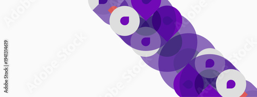 Abstract composition featuring overlapping purple circles. Minimalist design with white background creates modern aesthetic. Simple shapes, gradient hues.