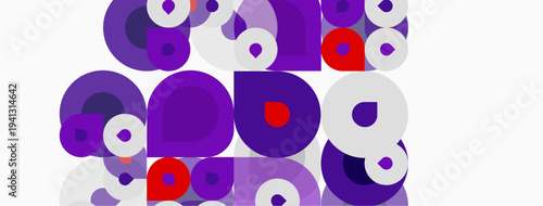 Abstract pattern features overlapping circles. Purple, white, red hues create dynamic visual texture. Simple shapes dominate composition.