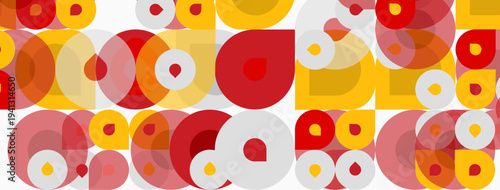 Abstract pattern. Overlapping circles, red, yellow, white hues create dynamic visual texture. Simple geometric shapes repeat seamlessly.