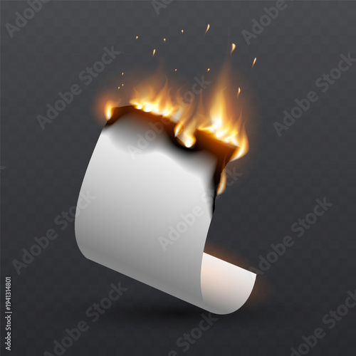 Burning rolled paper with realistic fire flames, smoke and glowing embers effect.