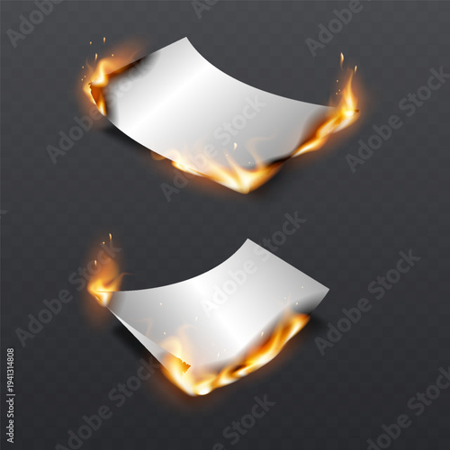 Burning paper sheets set with realistic fire flames, glowing embers and smoke effect.