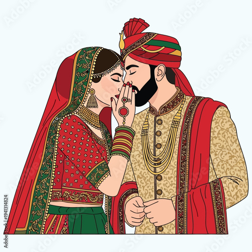 Romantic indian wedding couple in traditional red and gold attire celebrating marriage ceremony