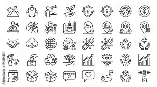 Collection of modern line icons for business and sustainability concepts