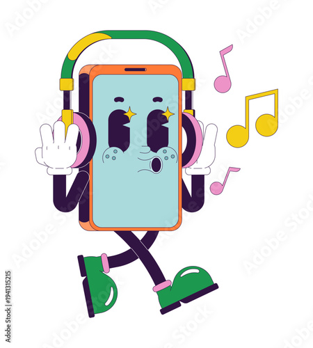 Music lover smartphone groovy retro character. Headphones listening mobile phone. Isolated cartoon device vintage mascot. Funky illustration 60s 70s vibes. Anthropomorphic object. Technology personage