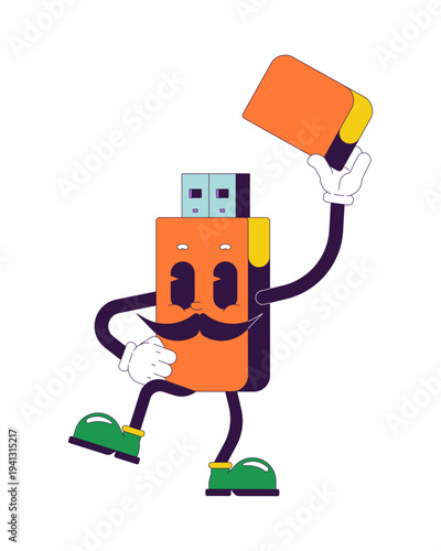 Gentleman USB flash drive with mustache groovy retro character. Memory stick. Isolated cartoon device vintage mascot. Funky illustration 60s 70s vibes. Anthropomorphic object. Technology personage
