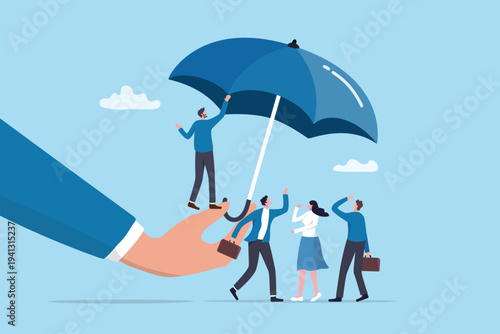 Employee protection benefit, safety or shelter to protect coworker, security or insurance to support community, life insurance coverage, businessman hand holding umbrella to protect employees.