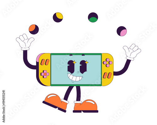 Handheld game console juggling groovy retro character. Videogame play fun. Isolated cartoon device vintage mascot. Funky illustration 60s 70s vibes. Anthropomorphic object. Technology personage