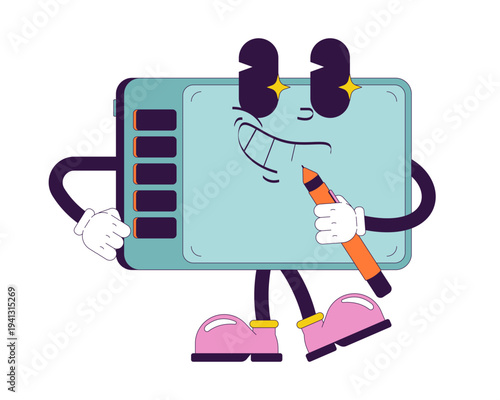 Cheerful graphics tablet holding stylus pen groovy retro character. Digital drawing. Isolated cartoon device vintage mascot. Funky illustration 60s vibes. Anthropomorphic object. Technology personage