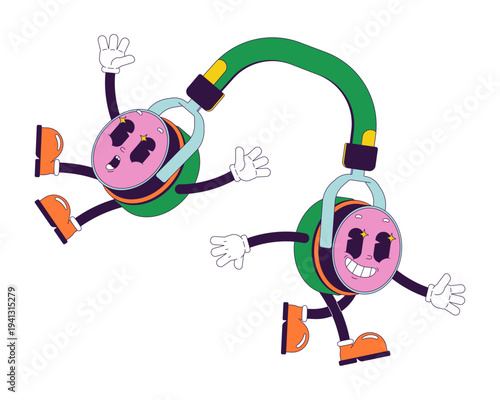 Lively headphones groovy retro character. Music enjoyment. Energetic audio. Isolated cartoon device vintage mascot. Funky illustration 60s 70s vibes. Anthropomorphic object. Technology personage
