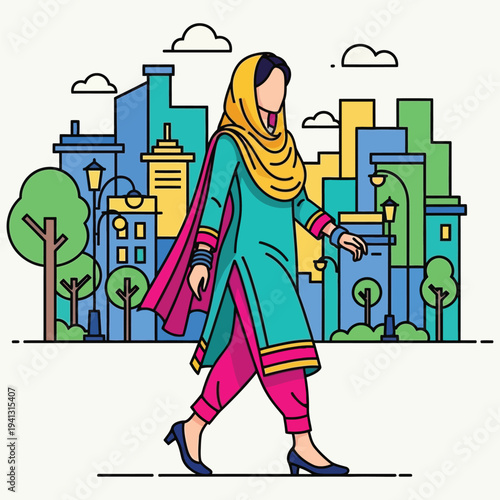 Pakistani woman walking in a city street illustration