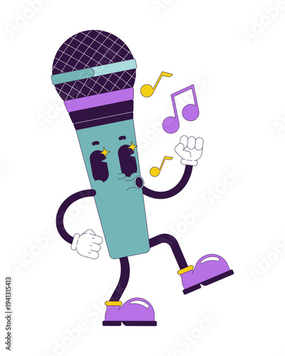 Microphone singing dancing groovy retro character. Karaoke song. Vocal mic. Isolated cartoon device vintage mascot. Funky illustration 60s 70s vibes. Anthropomorphic object. Technology personage