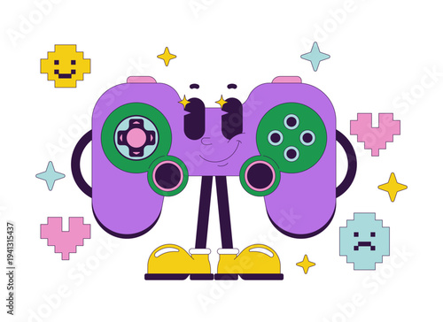 Cheerful game controller standing proudly groovy retro character. Gamepad videogame. Isolated cartoon device vintage mascot. Funky illustration 60s vibes. Anthropomorphic object. Technology personage
