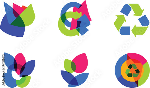 Set of 6 colorful abstract vector icons featuring nature, recycling, and environmental themes with overlapping transparent shapes, ideal for eco-friendly branding and sustainability projects.