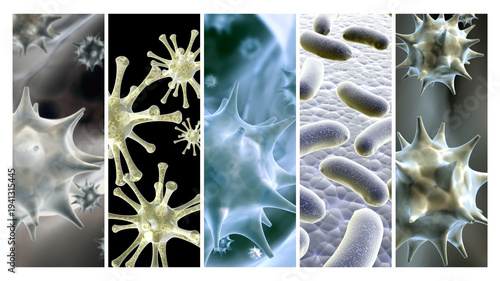 Collection banners with pathogenic bacterias and viruses. 3d virus under microscope. Fast multiplication of bacteria. Infection and microbe. Rapid bacterial growth. Infection and microbial activity