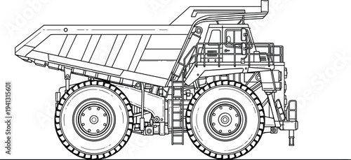 Mining dump truck line art vector, heavy haul truck illustration, industrial construction vehicle outline, quarry transport machinery design