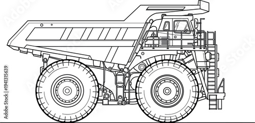 Mining dump truck vector illustration, heavy construction vehicle outline, industrial haul truck design, quarry transport machinery line art