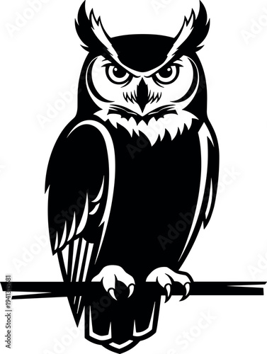 Owl bird silhouette illustration, perched owl mascot logo, nocturnal wildlife symbol, black owl design, isolated animal icon