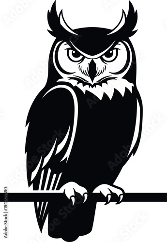 Owl silhouette illustration, perched nocturnal bird mascot, wildlife owl logo design, black owl icon, forest predator symbol