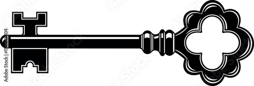 Vintage skeleton key vector illustration, ornate antique key design, classic decorative lock key symbol, retro security emblem artwork