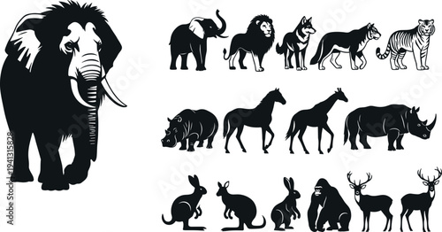 Wild animal silhouettes vector set, elephant lion tiger deer horse wildlife collection, safari animals icons, African fauna illustration
