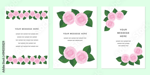 Spring retro flower greeting card. Camellia, pink perfection, roses and miniature rose frame. Vector illustration for poster.