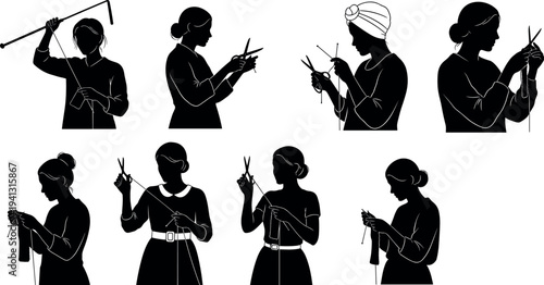 Women knitting silhouettes, crochet and knitting hobby, handmade craft activity, yarn needle work, cozy DIY textile art illustration set collection