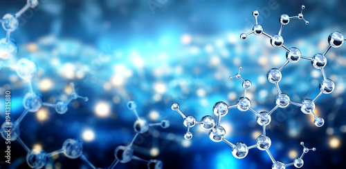 Vertical or horizontal banner with model of abstract molecular structure. Background of blue color with glass atom model. Copy space for your text. 3d render