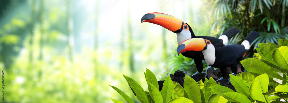 Obraz premium Horizontal banner with two colorful toucan birds (Ramphastidae) in a rainforest. Couple of toucan bird and leaves of tropical plants on sunny background, creating a vibrant and eye-catching scenic