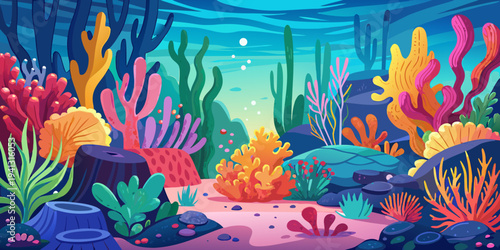 An underwater scene with vibrant corals and cacti, showcasing a surreal blend of colors and textures in an aquatic paradise
