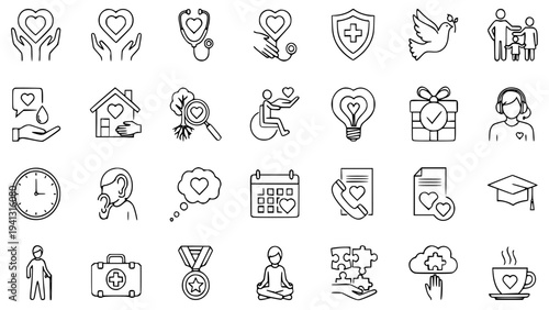 Set of heart and health related icons in line style for web and mobile design graphic vector illustration on white background for healthcare concept