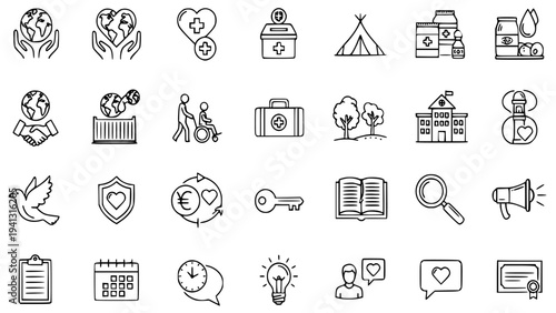 Charity and donation icons set vector illustration for healthcare and social causes graphic design