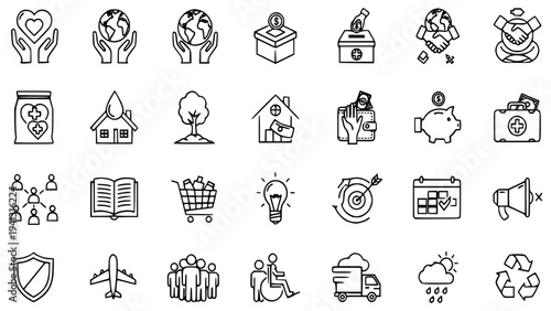 Collection of simple line icons representing business and finance, charity, education, and environmental concepts for graphic design projects and web development