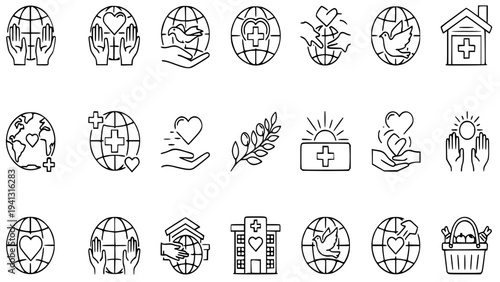 Charity and humanitarian aid icons set with global care and medical symbols vector illustration collection for web design