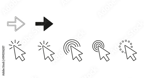 Set of 7 Black and White Cursor Click Icons Vector Collection for Website Navigation, UI/UX Design, and Digital Marketing