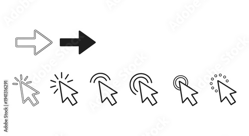 Set of 8 Black and Gray Outline Vector Cursor Icons for Web Design, UI/UX, and Digital Interface Elements, Featuring Click and Arrow Pointers