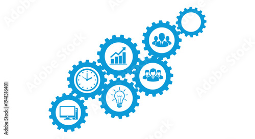 Business Process Automation Vector Illustration with Interlocking Blue Gears and Icons Representing Teamwork, Growth, Time, and Ideas on a White Background