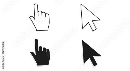 Set of 4 black and white outline and solid fill vector cursor icons, including a pointing hand and an arrow pointer, ideal for web design and user interface elements.