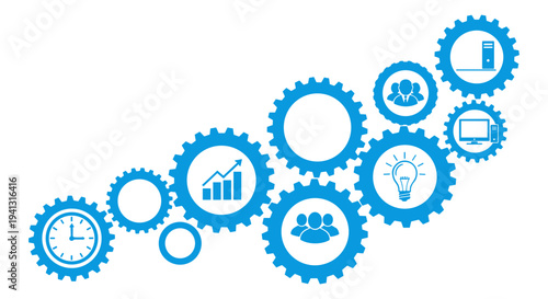 Blue Business Gears Vector Illustration with Interconnected Icons Representing Teamwork, Growth, Technology, and Time Management on a White Background