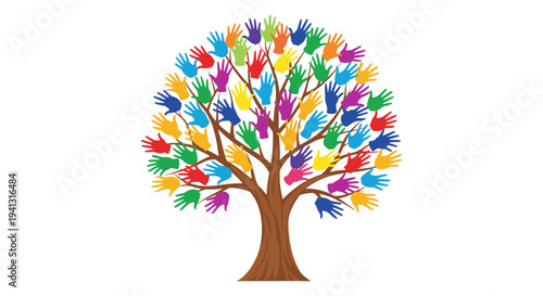 Vibrant colorful handprint tree vector illustration symbolizing diversity, community, unity, and teamwork, perfect for social issues, education, and charity designs.