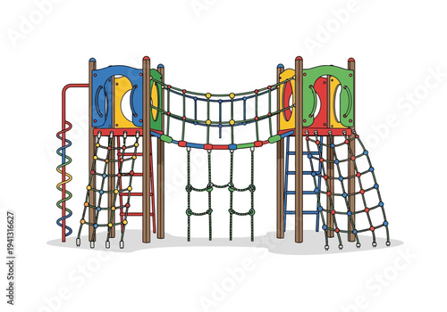 Children's playground equipment featuring climbing frames, ladders, and rope structures in a vibrant, colorful outdoor setting viewed from the front.