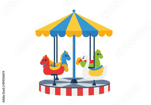 Vibrant Carousel with Colorful Horses and Dinosaur Figurines Rotating Underneath a Bright Canopy at a Lively Amusement Park from a Direct Overhead Viewpoint