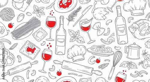 Italian Food and Wine Hand Drawn Doodle Pattern, Pasta, Chef Hat, Rolling Pin