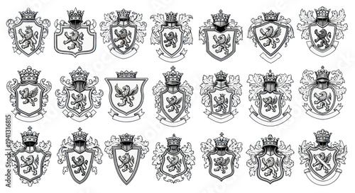 Heraldic Crests Collection: Royal Lions and Crowns, Vintage Emblem Design